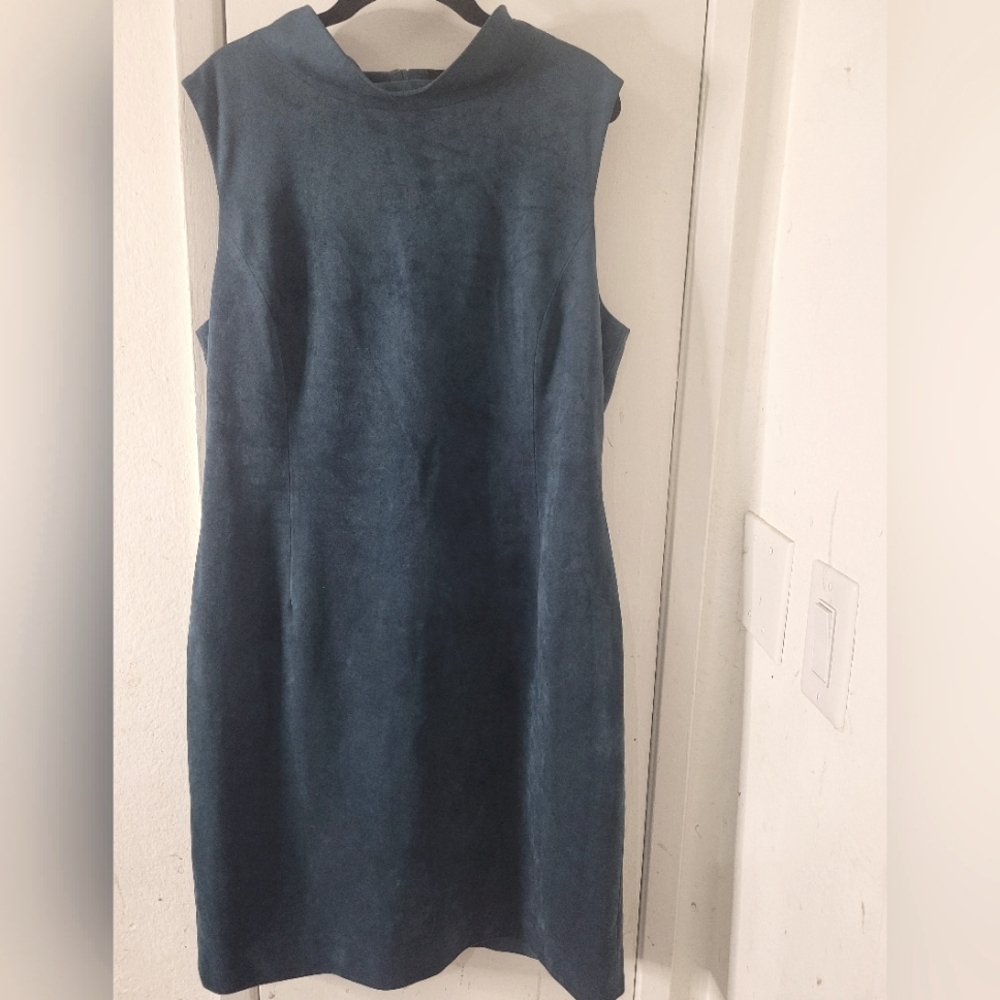 Tahari Arthur S Levine‎ Sz 14 Ultrasuede Shift Dress Teal Blue Mock Neck Classic